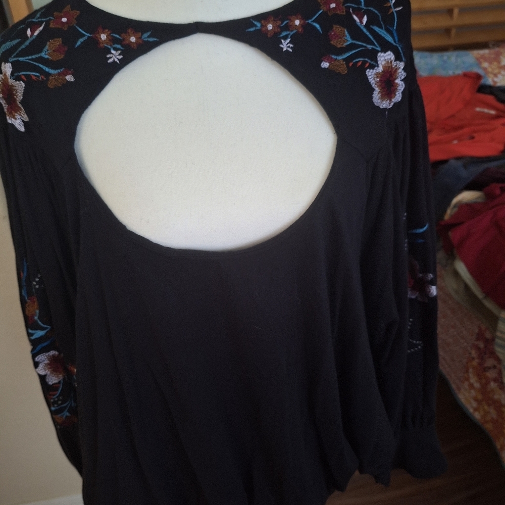 Free People Black Shirt with Embroidery Size M